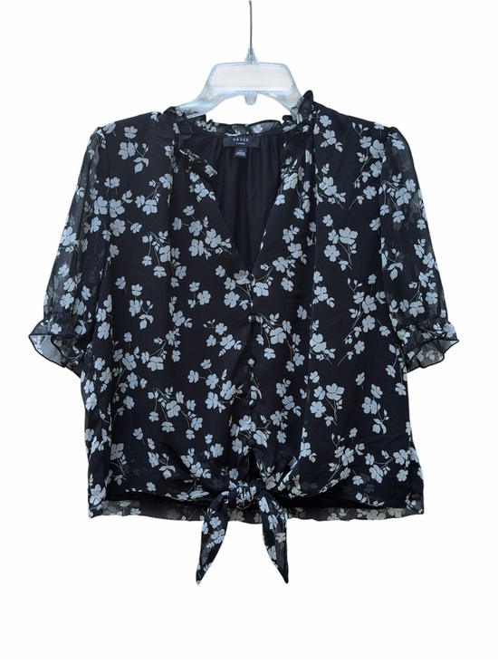 Haver London Tops - HaverBlack Floral Tie-Front Blouse- Top Button down - V-neck -short sheer sleeve